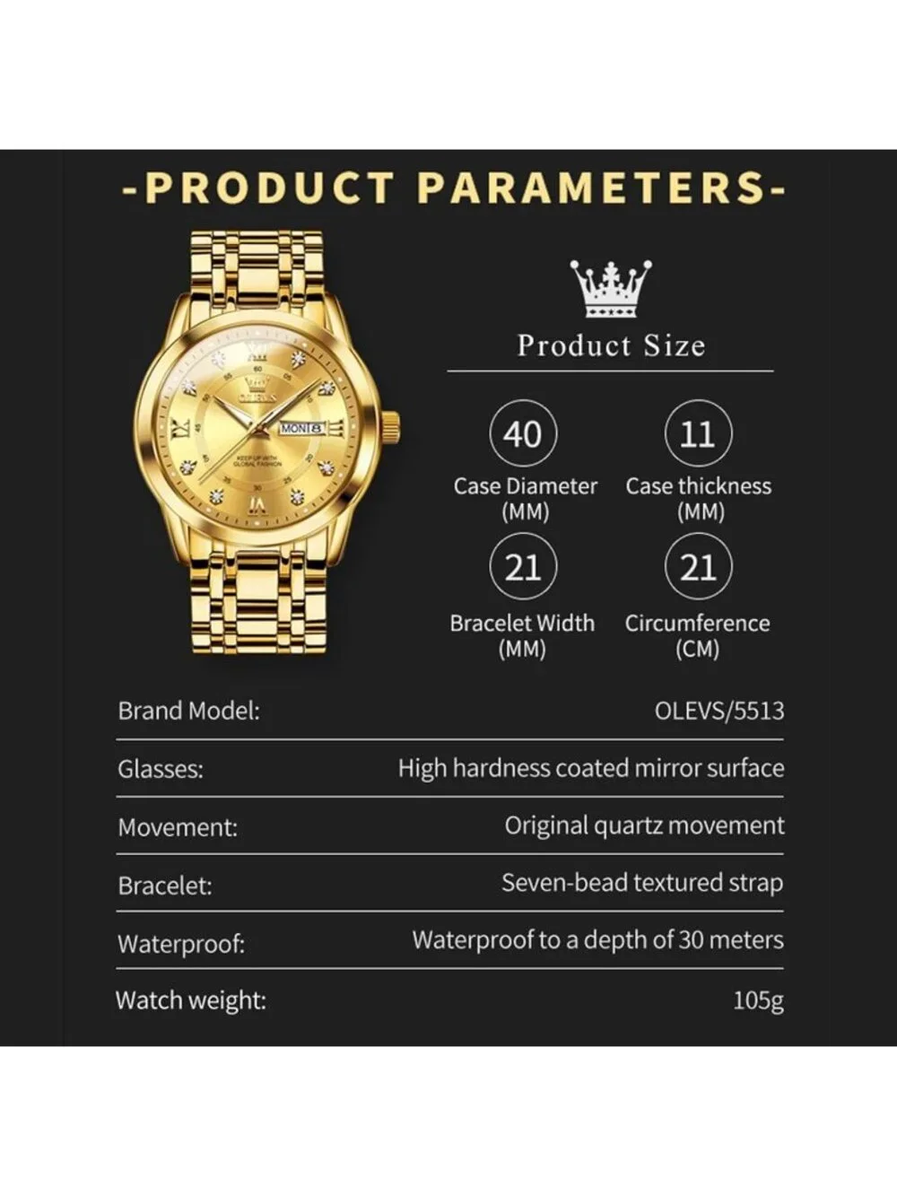 Men's Gold Dimond Stainless Steel Luminous Quartz Waterproof Round Classic Watch